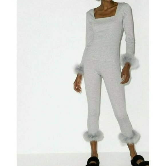 Sleeper Womens Weekend Chic Set Top With Leggings With Feathers XS Gray